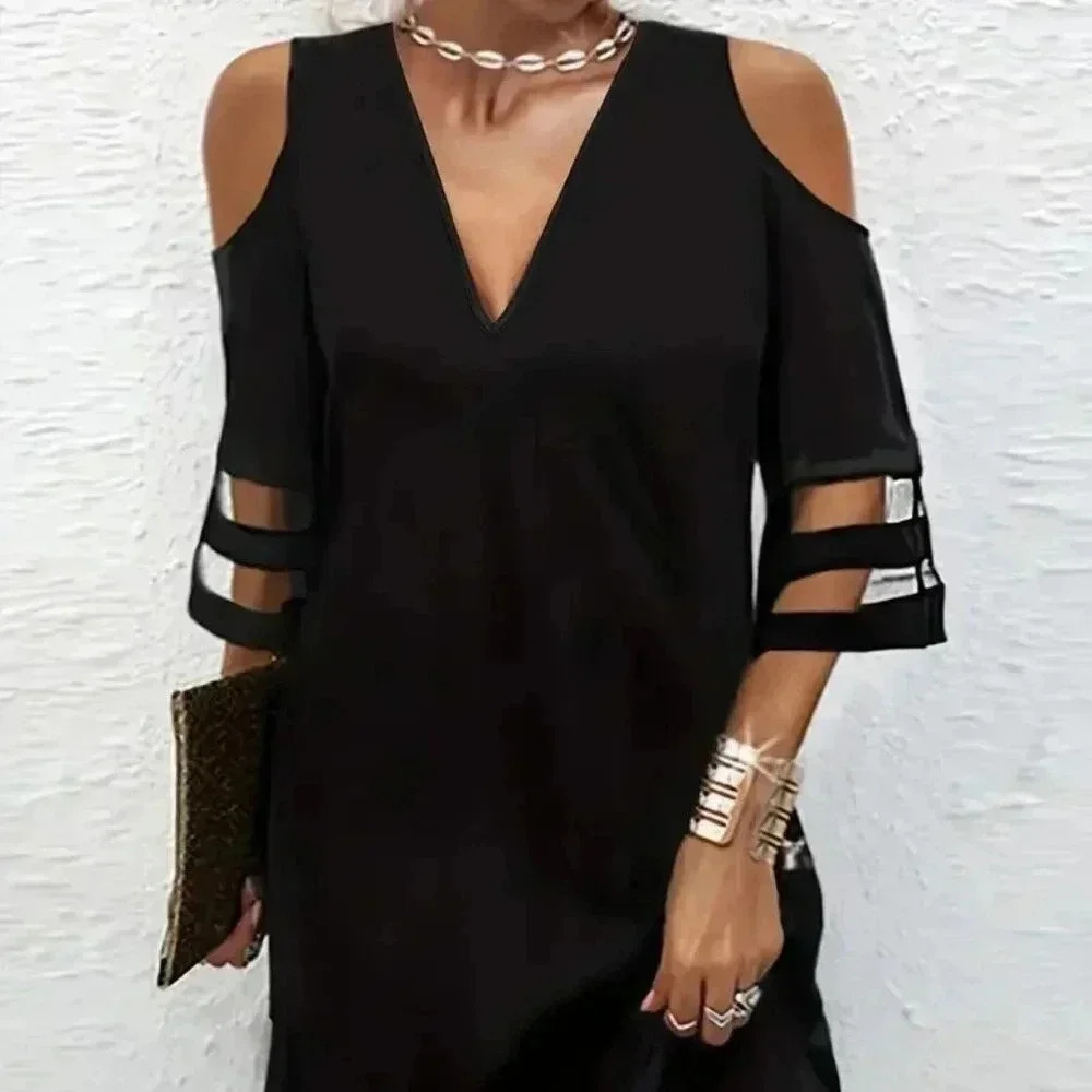 Elegant V Neck 3/4 Sleeve Cold Shoulder Dress